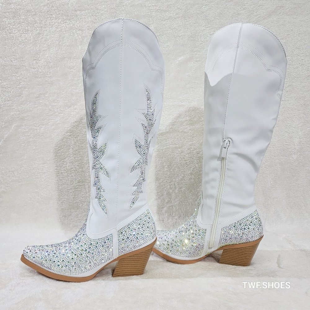 Crystal White Multi Sparkle Rhinestones Country Glam Western Cowgirl Knee Boots